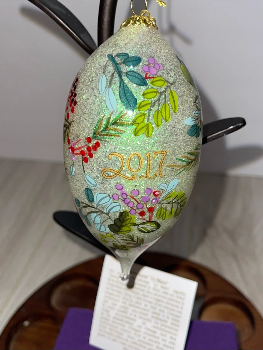Pier 1 Li Bien Reverse Painted Glass Ornament VTG  2017 Floral Holly Christmas